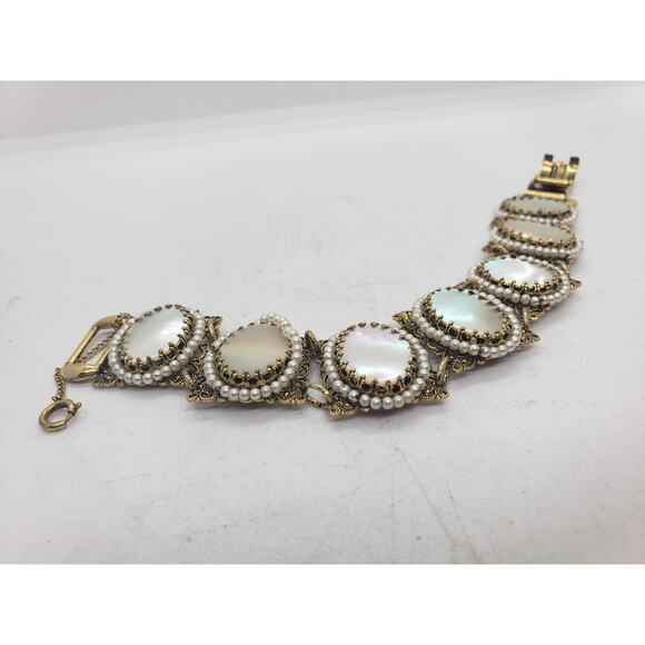 Vintage Filigree Bracelet Mother of Pearl MOP & Faux Pearl Accent Ornate - Picture 9 of 13